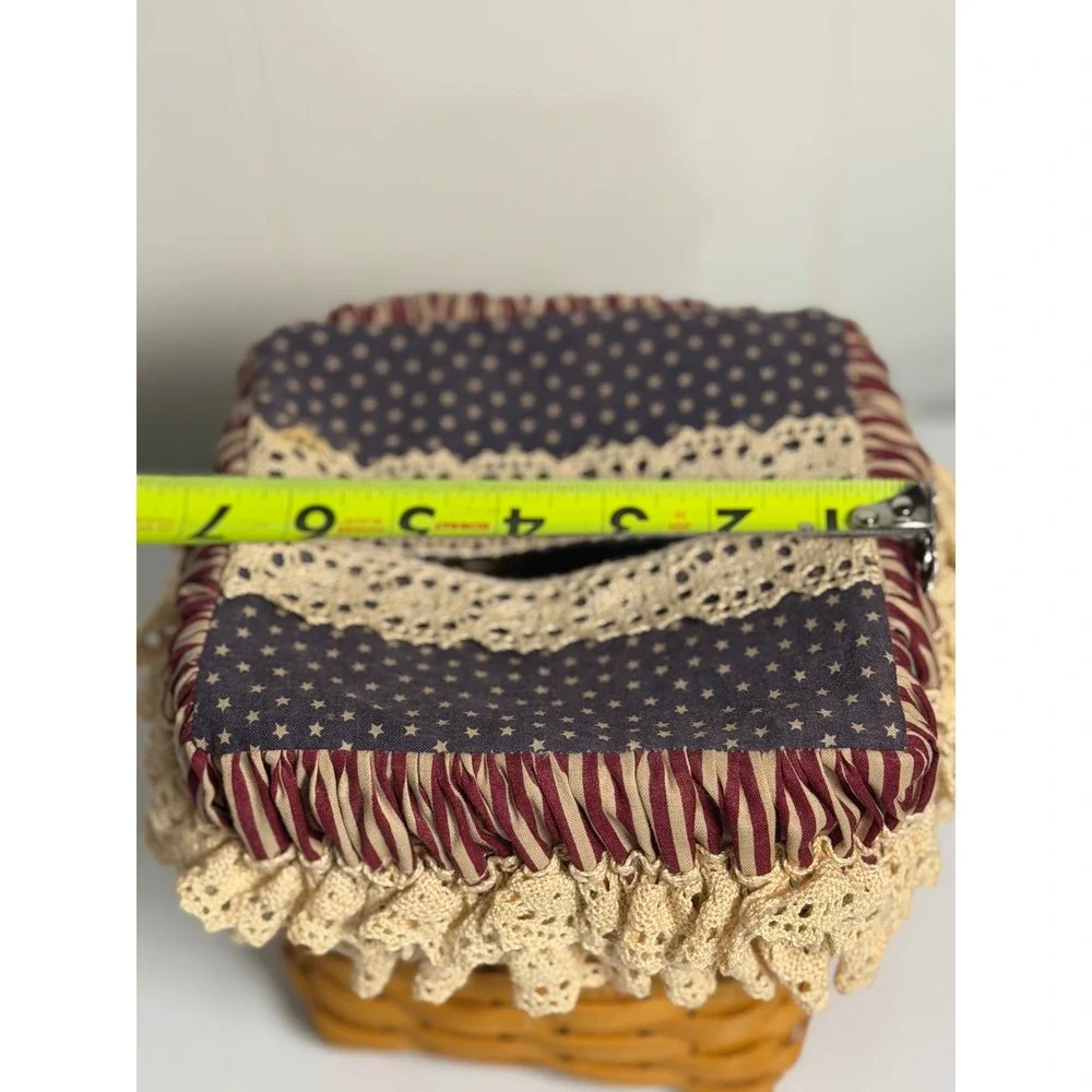 Longaberger Tissue Basket Brown Woven Wood Americana Patriotic Fabric Lace Cover